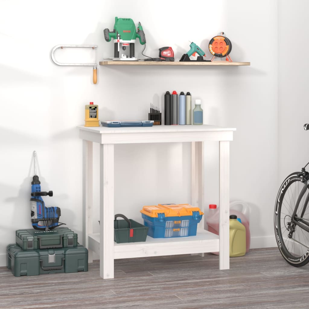 foto del prodotto banco da lavoro bianco 80x50x80 cm in legno massello di pino cod mxl 17045