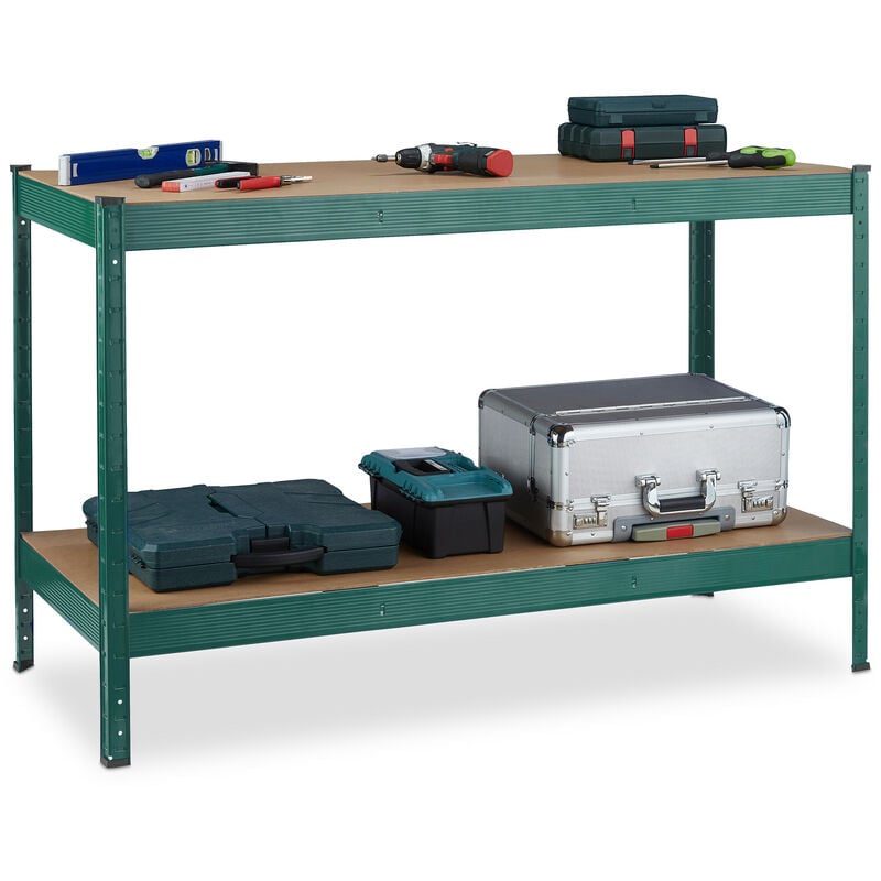 foto del prodotto banco da lavoro officina, tavolo da garage, 2 scaffali, altezza regolabile, acciaio e mdf, 91x141x61 cm, verde relaxdays