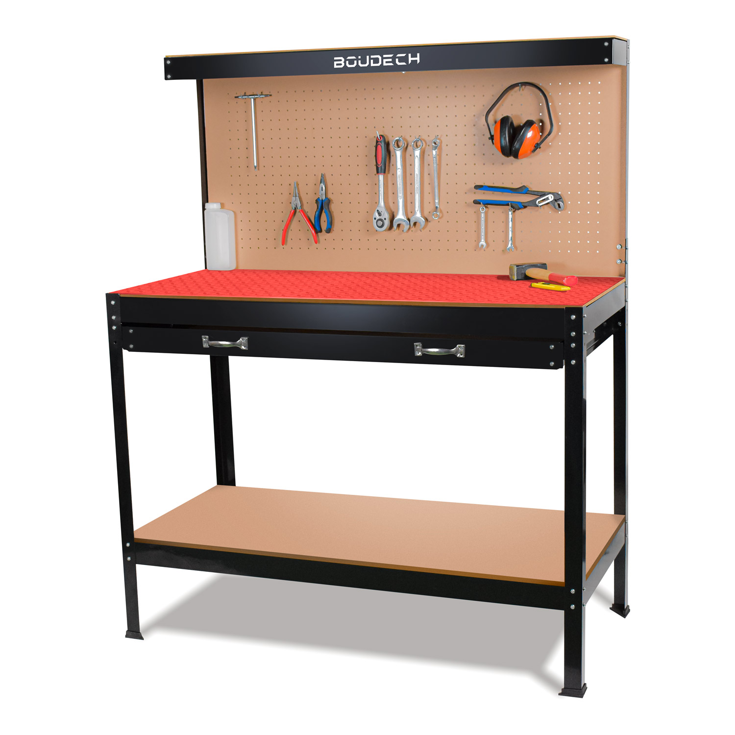 foto del prodotto banco da lavoro porta utensili in metallo con parete e cassetti officina 120x60cm 2 cassetti e 2 mensole porta utensili tappetino