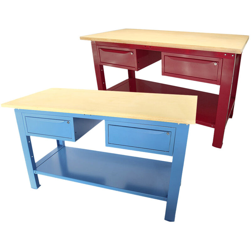 foto del prodotto banco da lavoro sogi 1,5 metri con piano in legno portata 1000 kg 2 cassetti blu rosso, coloreblu