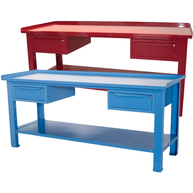 foto del prodotto banco da lavoro sogi 2 metri con piano in acciaio portata 1000 kg 2 cassetti blu rosso, colorerosso