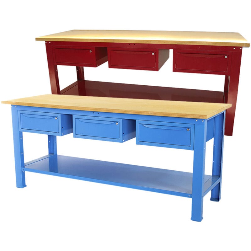 foto del prodotto banco da lavoro sogi 2 metri con piano in legno portata 1000 kg + 3 cassetti - blu/rosso, colorerosso