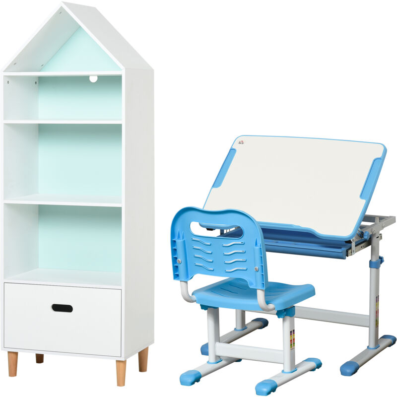 foto del prodotto banco scuola bambini 6-12 anni con sedia regolabile e libreria a casetta - homcom