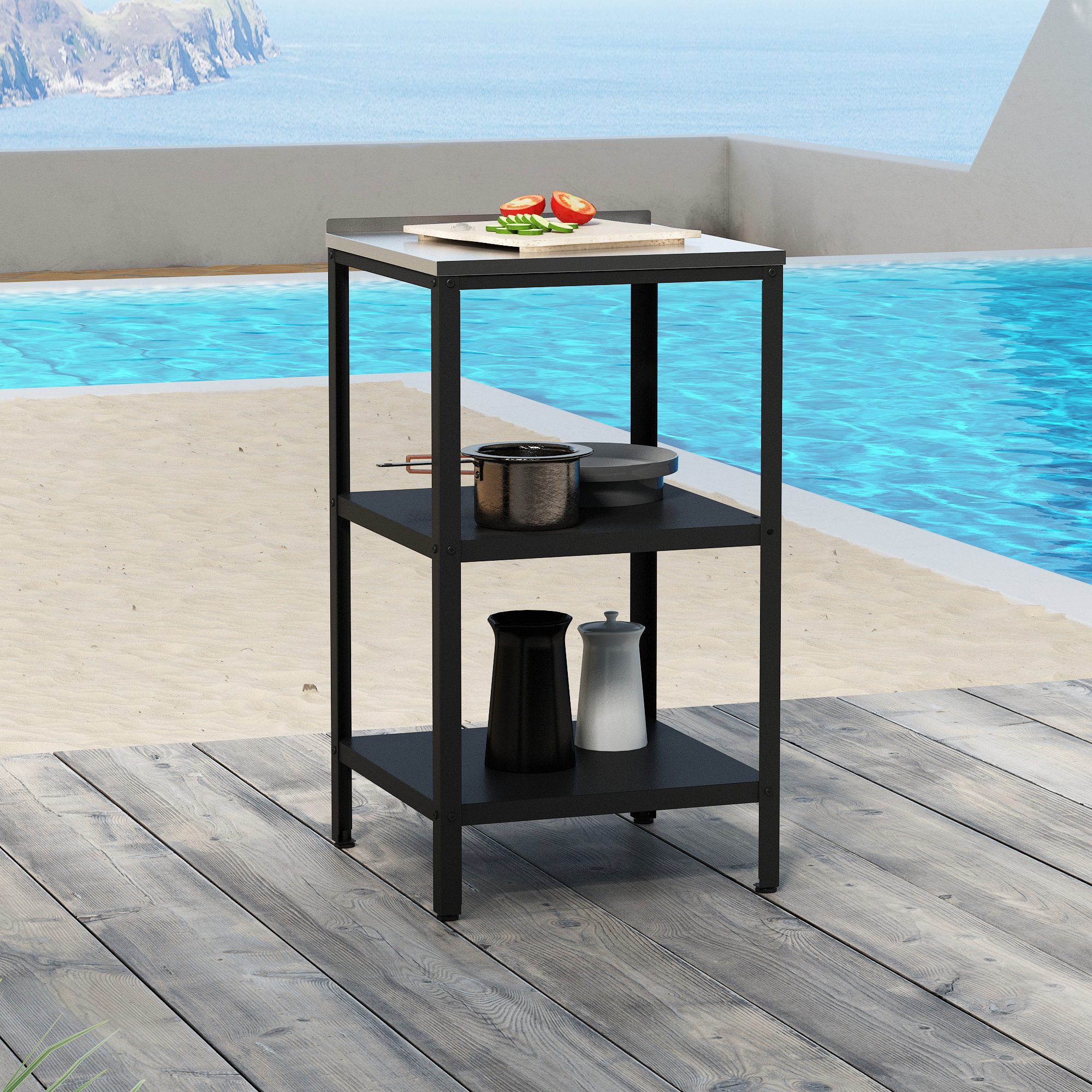 foto del prodotto bancone da giardino bolognano in acciaio con ripiani 92x50x50 cm argentato nero opaco casa.pro