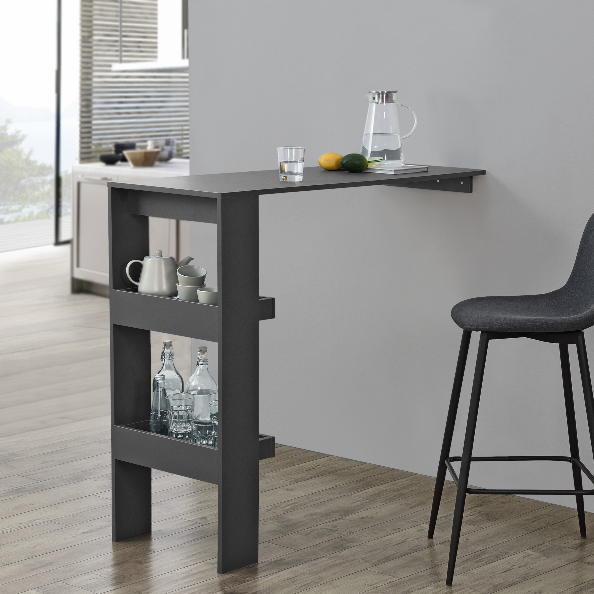 foto del prodotto bancone da muro tavolo alto da bar 120 x 45 x 106 cm penisola cucina con 2 ripiani grigio scuro
