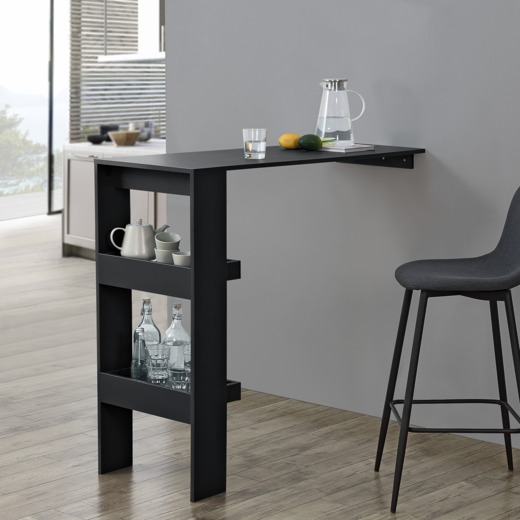 foto del prodotto bancone da muro tavolo alto da bar 120 x 45 x 106 cm penisola cucina con 2 ripiani nero