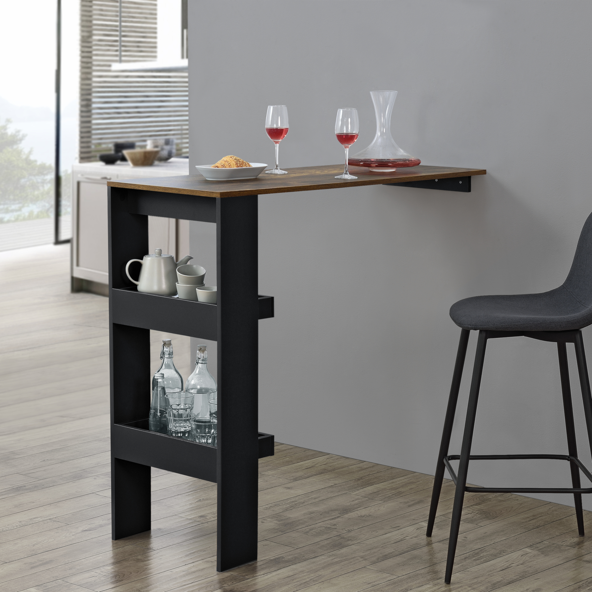 foto del prodotto bancone da muro tavolo alto da bar 120 x 45 x 106 cm penisola cucina con 2 ripiani nero rovere scuro