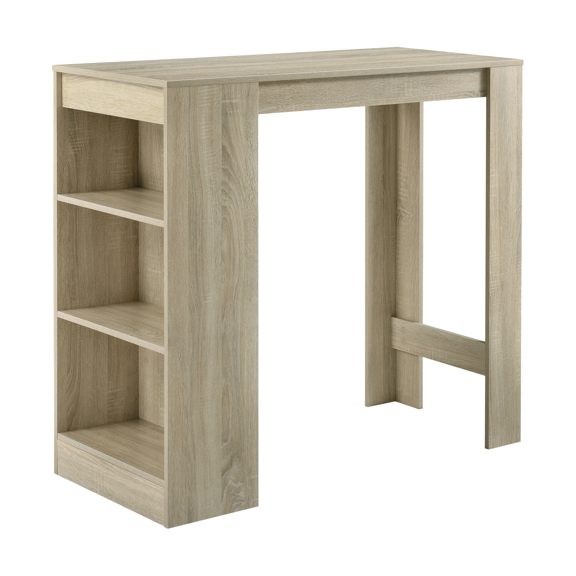 foto del prodotto bancone tavolo alto da bar kouvola con 3 scomparti aperti 110x50x103 cm effetto rovere en.casa 