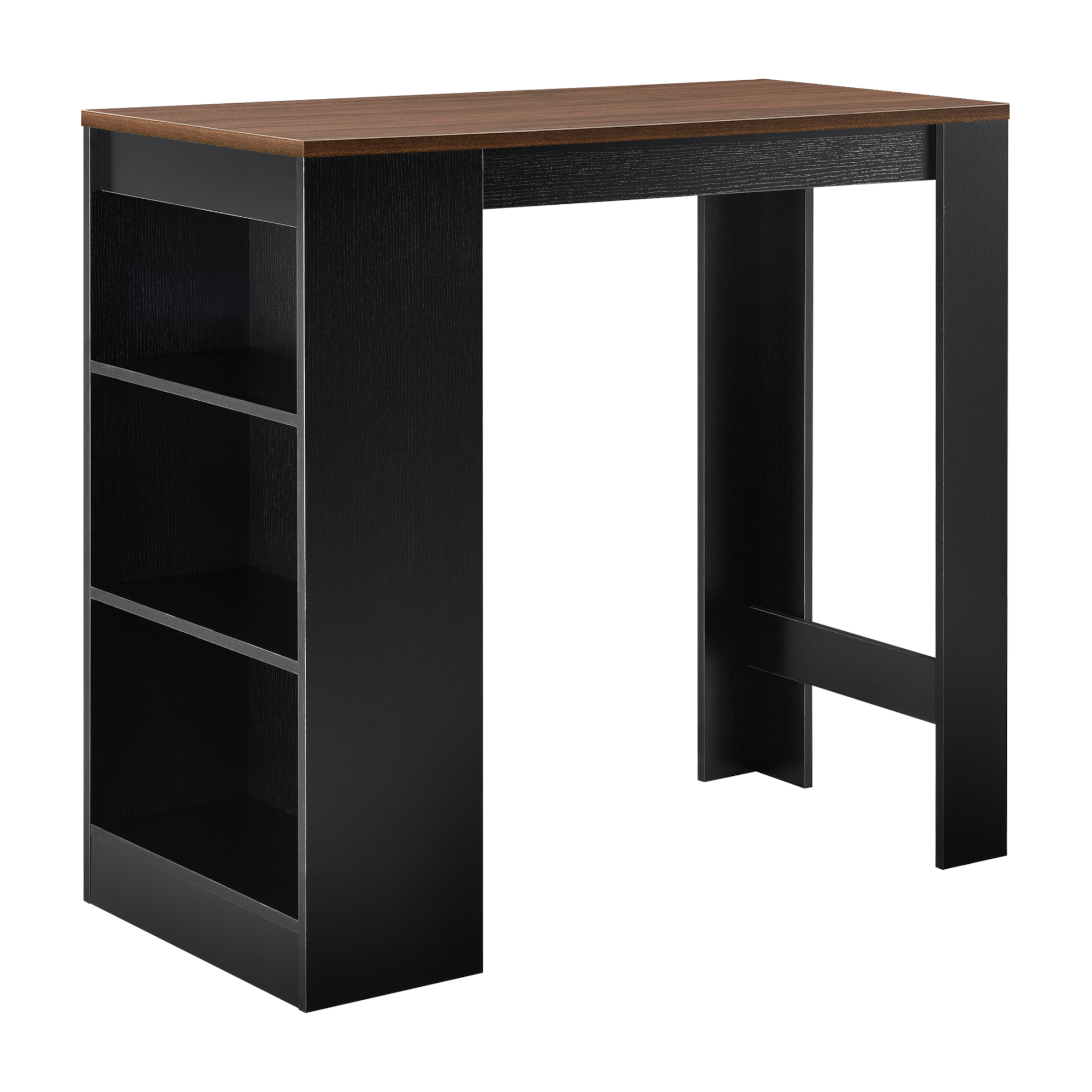 foto del prodotto bancone tavolo alto da bar kouvola con 3 scomparti aperti 110x50x103 cm nero effetto noce en.casa 