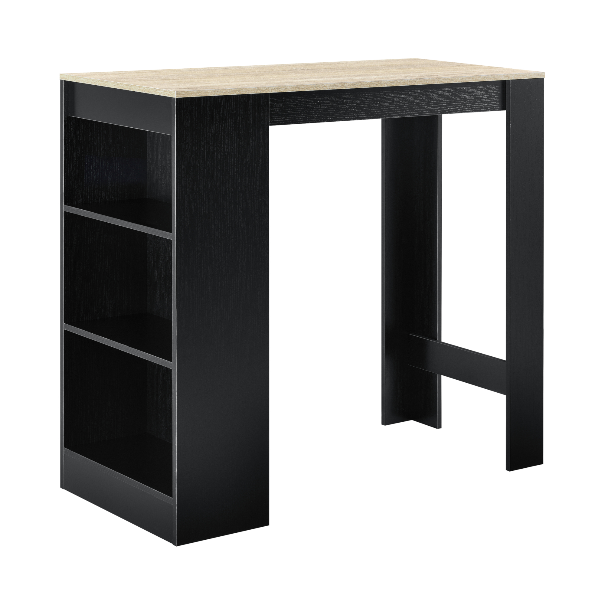 foto del prodotto bancone tavolo alto da bar kouvola con 3 scomparti aperti 110x50x103 cm nero effetto rovere en.casa 