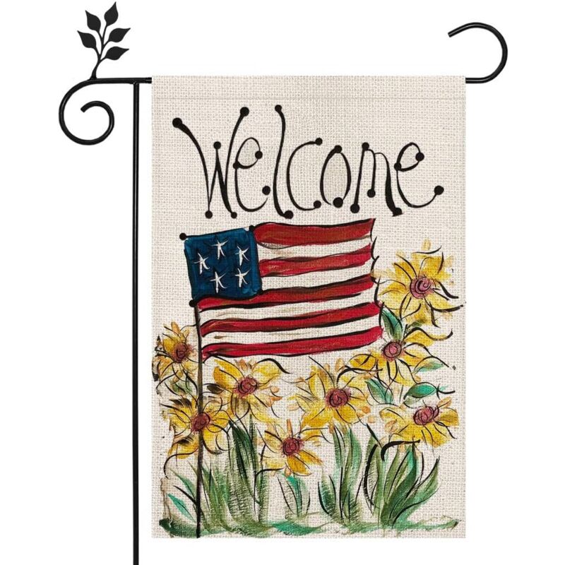 foto del prodotto bandiera da giardino con stelle e strisce, motivo floreale patriottico americano, 12 x 18 pollici, doppia faccia, decorazione per esterni per il