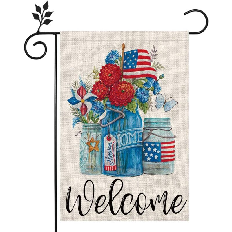 foto del prodotto bandiera da giardino di benvenuto con motivo floreale patriottico americano, stelle e strisce, 12x18 decorazione per esterni da giardino cf126 12 a