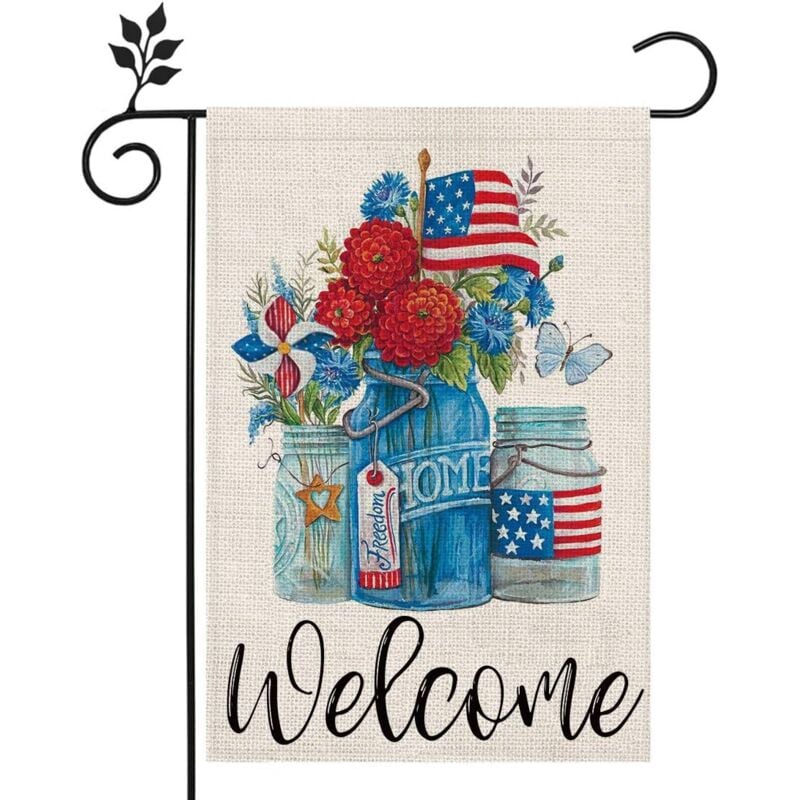 foto del prodotto bandiera da giardino di benvenuto con stelle e strisce floreali patriottiche americane, 12 x 18 decorazione da giardino bifacciale da 18 pollici per