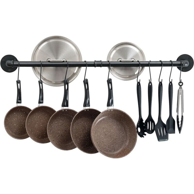 foto del prodotto bar da cucina industriale, portapentole da parete da 100 cm, 14 ganci in acciaio inox per elettrodomestici nero