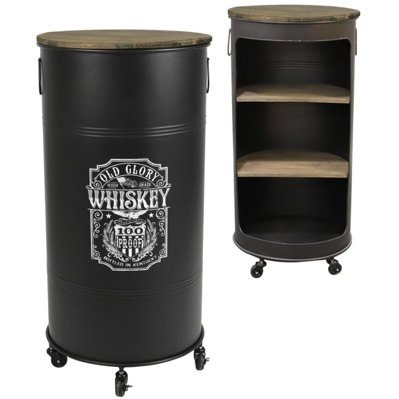 foto del prodotto bar mobile aperto con ruote in stile industriale, collezione old glory. diametro 50 cm, altezza 100 cm.