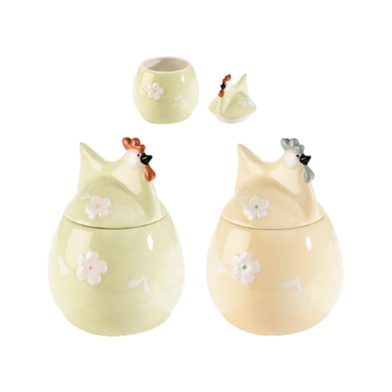 foto del prodotto barattoli da cucina in ceramica a forma di galline per uso alimentare set da 2 pezzi