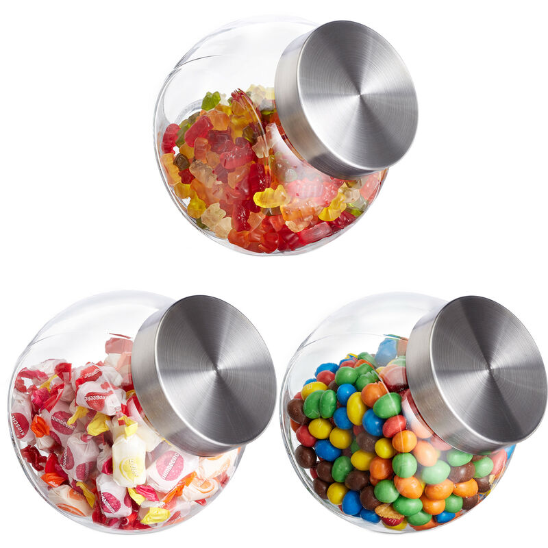 foto del prodotto barattoli per caramelle, set 3 vasi 1,5 l, per biscotti, dolci, confetti, coperchio acciaio inox, trasparente relaxdays