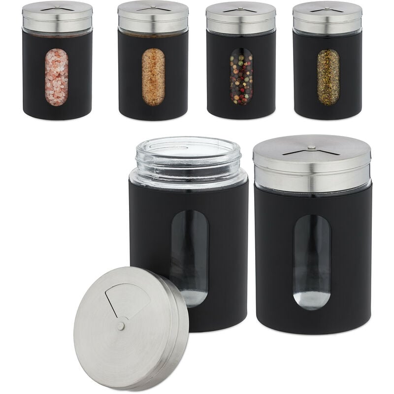 foto del prodotto barattoli portaspezie, set da 6 vasetti, coperchio con 3 aperture spargi sale, vetro, acciaio, 290 ml, nero relaxdays