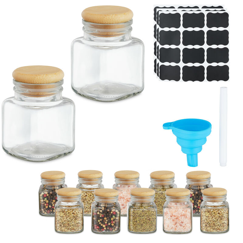 foto del prodotto barattoli spezie, set di 12 vasetti in vetro 100 ml, contenitori con coperchio in bamb , etichette e imbuto relaxdays