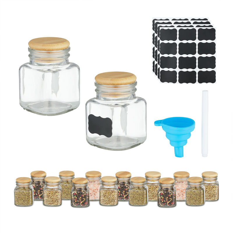 foto del prodotto barattoli spezie, set di 16 vasetti in vetro 100 ml, contenitori con coperchio in bamb , etichette e imbuto relaxdays