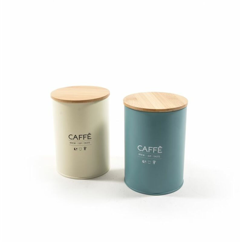 foto del prodotto barattolo caffe in metallo con coperchio in bambu diam 11xh.15 cm colori assor
