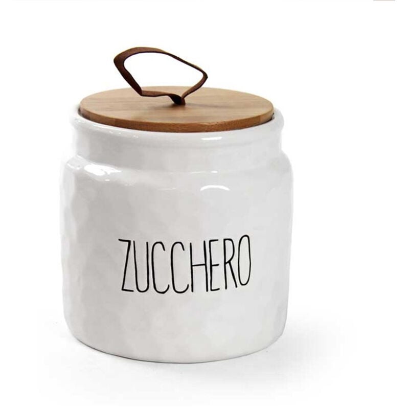 foto del prodotto barattolo modello ondulato per zucchero 14 cm bianco con tappo in legno