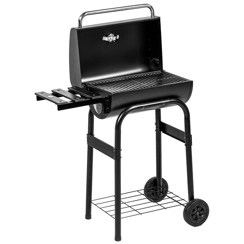 foto del prodotto barbecue a carbone con coperchio. termometro e camino. ripiani e ruote. nero