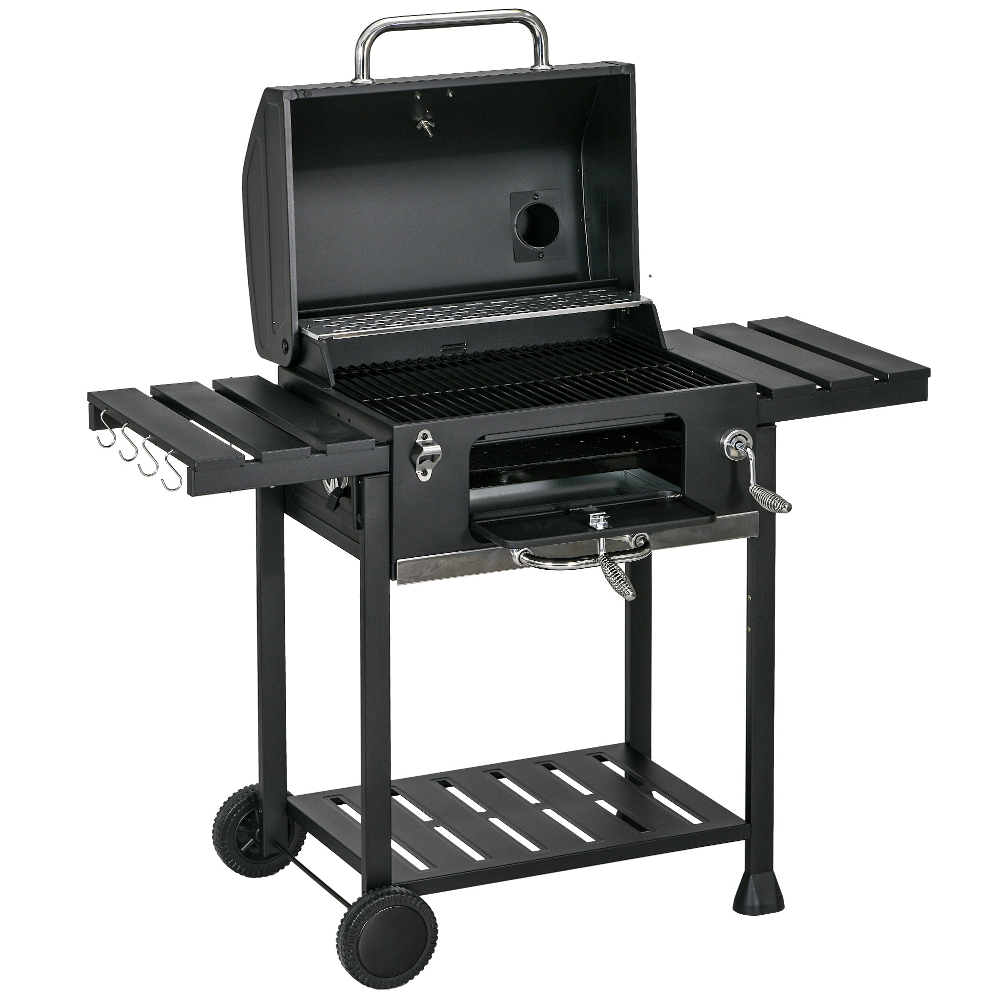 foto del prodotto barbecue a carbone griglia regolabile con coperchio ruote e tavolini nero