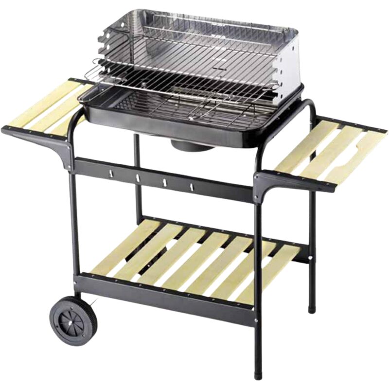 foto del prodotto barbecue a carbonella bbq carbone in acciaio, griglia regolabile grill con ripiani e ruote, con aerazione nero cm black