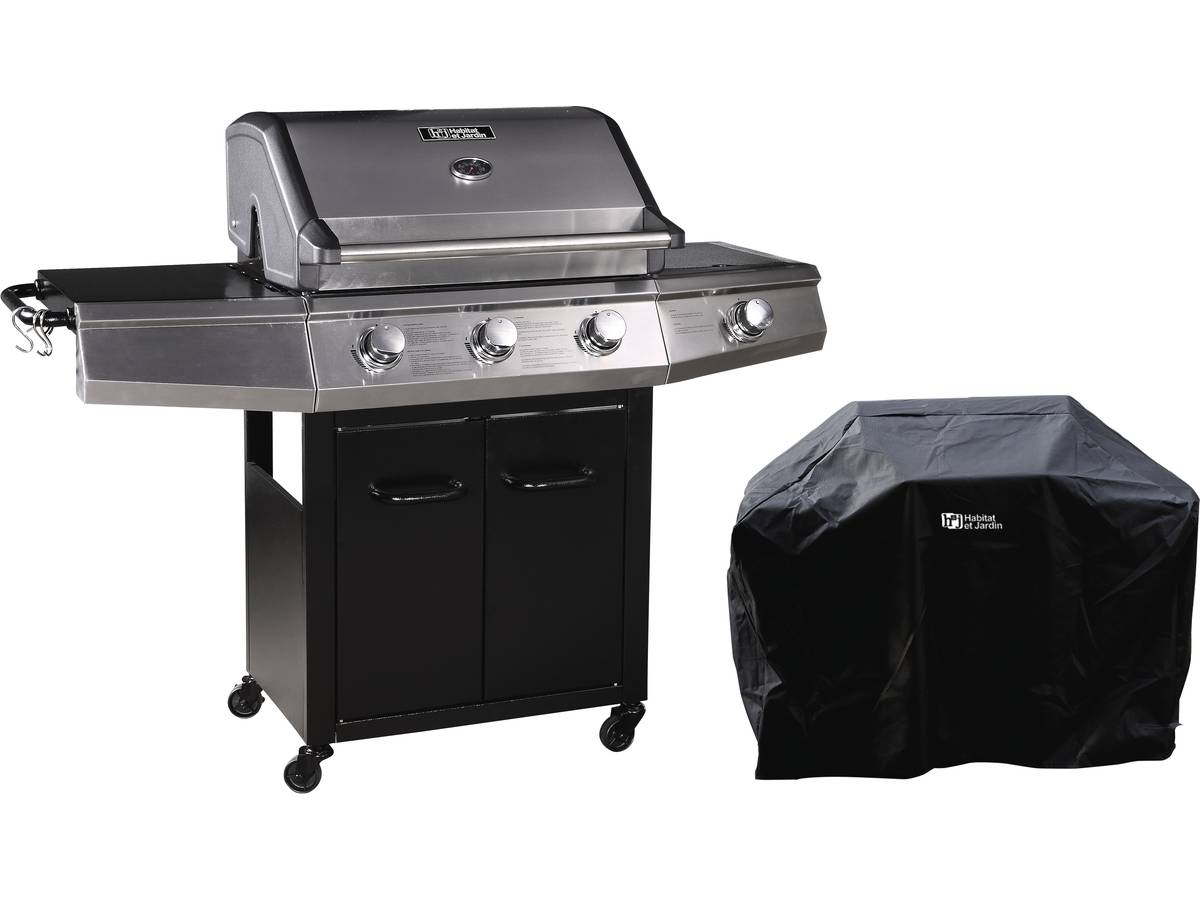 foto del prodotto barbecue a gas con led quot bingo 4 quot 4 piastre di cui 1 laterale 14kw fodera di protezione nero