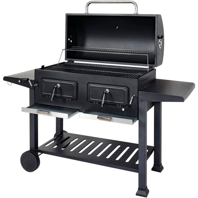 foto del prodotto barbecue bbq braciere doppia griglia con ripiani e ruote hhg 863 acciaio 110x153x60cm nero