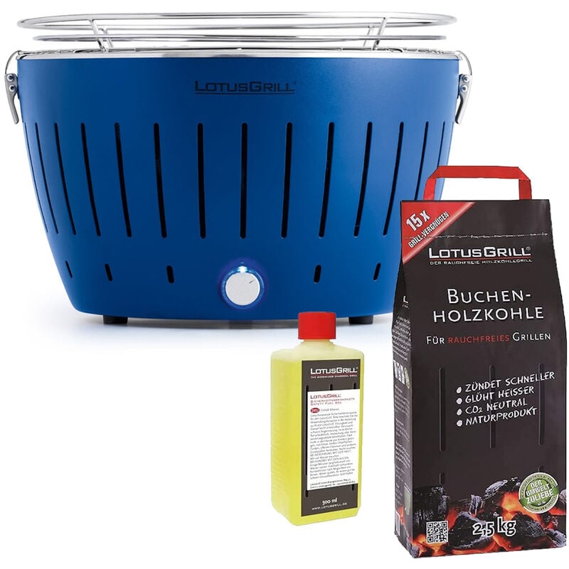 foto del prodotto barbecue blu con batterie e cavo di alimentazione usb 2.5kg di carbonella di faggio gel combustibile 500ml lotus grill