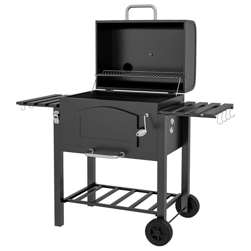 foto del prodotto barbecue da giardino a 2 ruote con griglia. affumicatore e fornello. in metallo e ghisa. 124x66x112 cm. nero