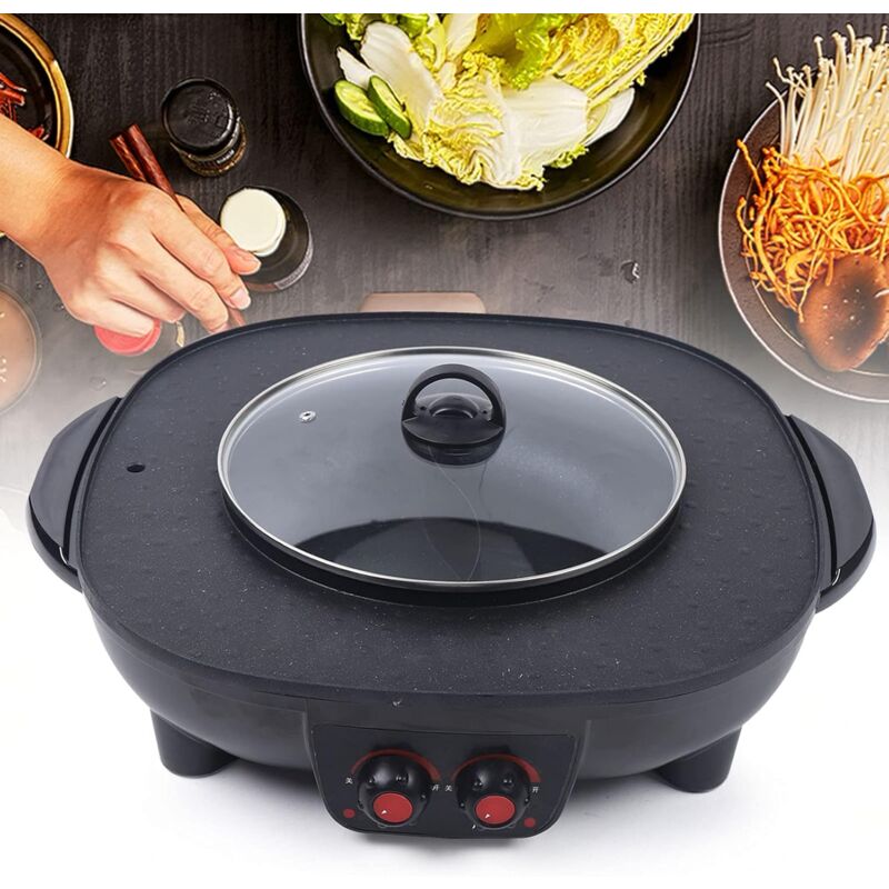 foto del prodotto barbecue elettrico 2 in 1 e hotpot 2100 w, senza fumo, elettrico smokeless grill e hot pot elettrico, multifunzionale, antiaderente, 26 cm
