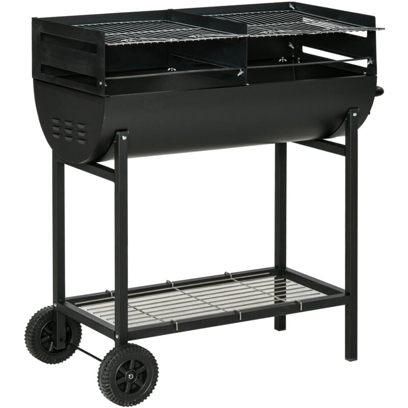 foto del prodotto barbecue in acciaio con 2 griglie indipendenti e 2 ruote nero outsunny