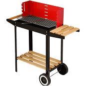 foto del prodotto barbecue rettangolare con ripiani in legno ruote per spostamento e struttura in acciaio rossa e nera 51x32x69 cm