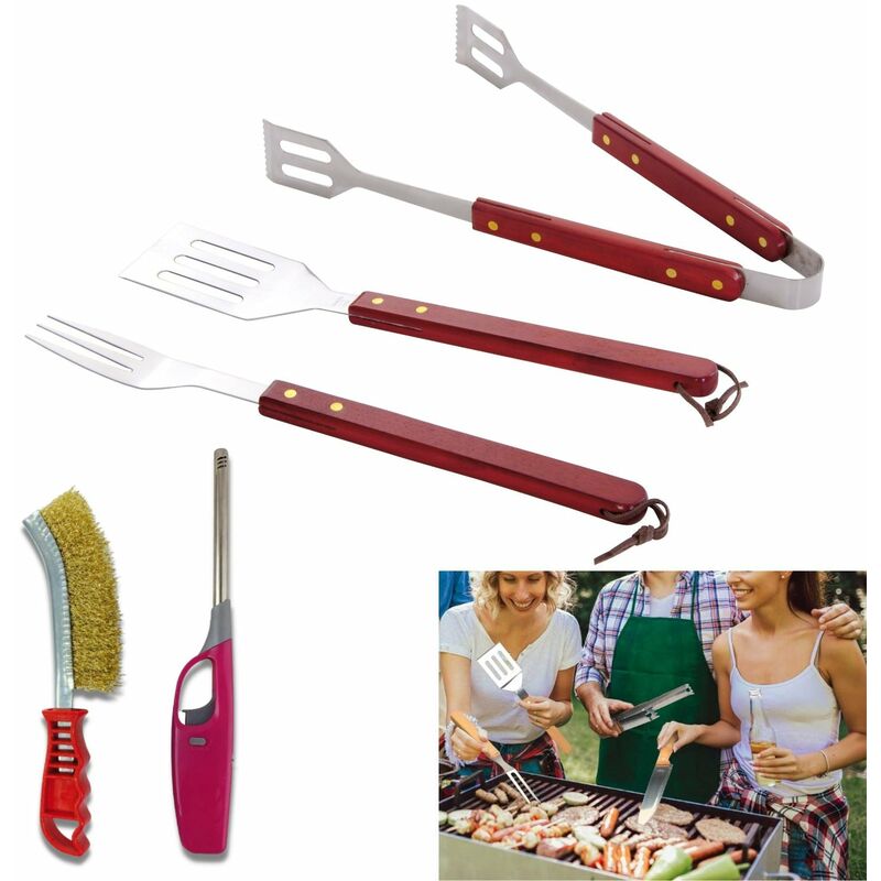 foto del prodotto barbecue set 5 pz con manico in legno accessori