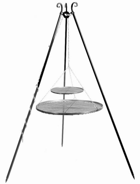 foto del prodotto barbecue treppiede da 180 cm con 2 griglie in acciaio naturale 70 cm 40 cm