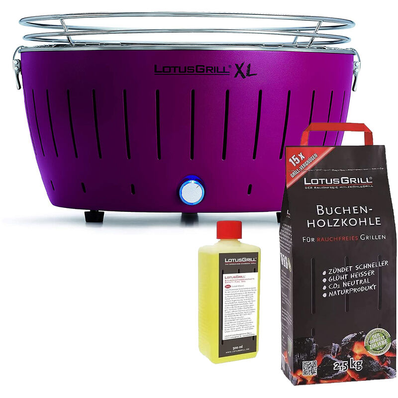 foto del prodotto barbecue viola xl con batterie e cavo di alimentazione usb 2.5kg di carbonella di faggio gel combustibile 500ml lotus grill