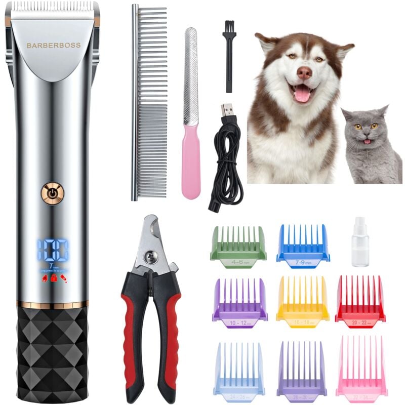 foto del prodotto barberboss pet grooming kit tosatrice per cani a basso rumore con 2 impostazioni di velocit , lame in ceramica, ricarica usb, display a led e 8