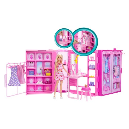 foto del prodotto barbie armadio dei sogni di playset giocattolo con bambola alla moda, vestiti e accessori, larghezza di 91 cm con oltre 25 pezzi