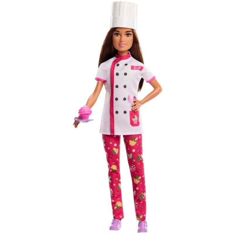 foto del prodotto barbie pasticcera, bambola con accessori cappello da pasticcera, cupcake e piattino barbie carriere