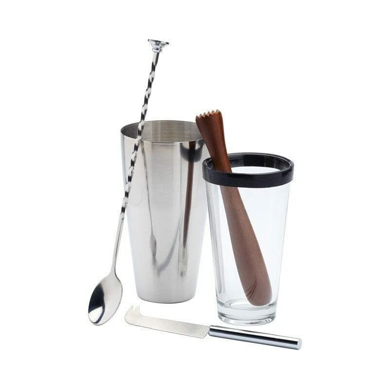 foto del prodotto barcraft set per fare mojito, include shaker per cocktail, bicchiere per miscelare, cucchiaio per mescolare, coltello da bar, pestello in legno e