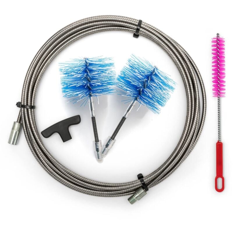 foto del prodotto baretto kit per la pulizia della stufa a pellet prolunga inox da 9 metri, curvatura massima 90 2 spazzole professionali in nylon 1 da 80mm e 1