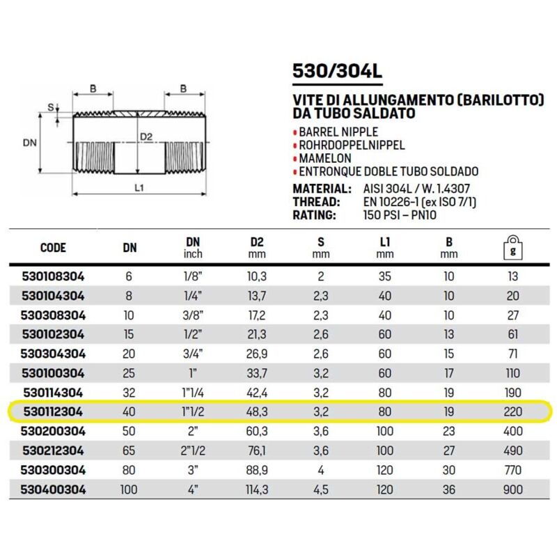 foto del prodotto barilotto vite allungamento 530 304l 1.1 2 mm l.80 inox 530112304