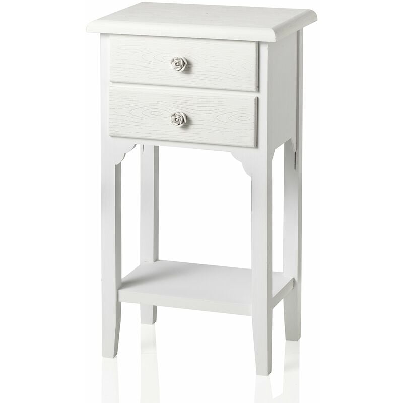 foto del prodotto baroni home comodino in stile shabby chic bianco con due cassetti e un ripiano, comodino in legno mdf decorato con pomelli a rosa in resina.