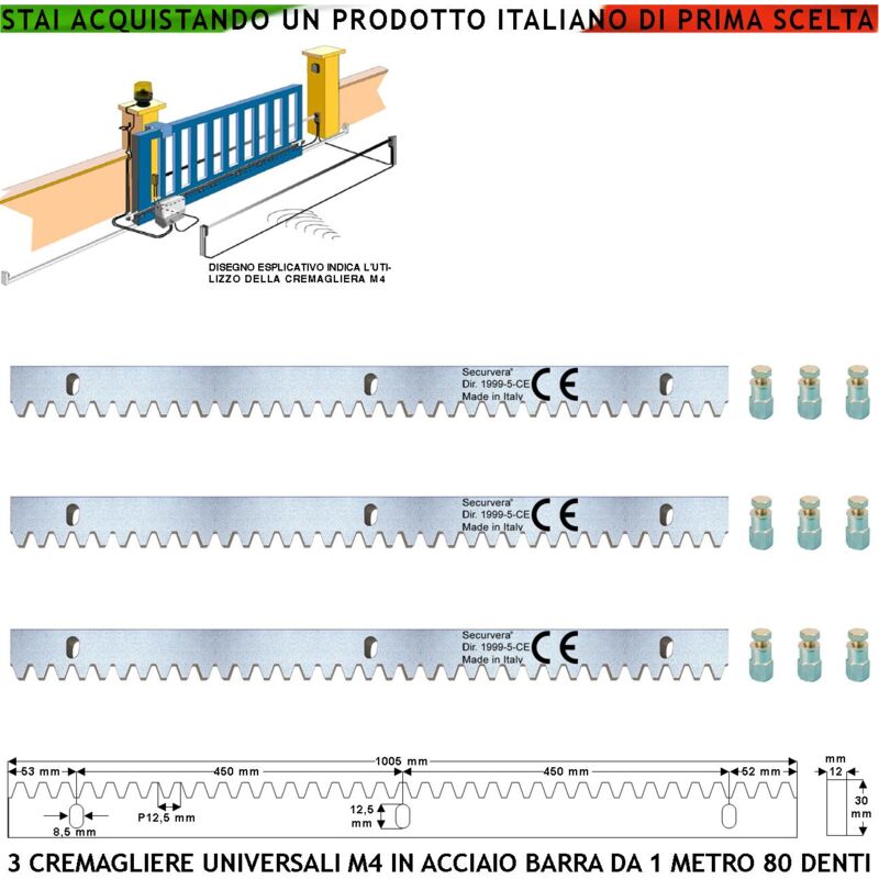 foto del prodotto barre cremagliera universale m4 tre moduli da 1 mt con 80 denti in acciaio zincato 12x30 mm portata 22 q.li max 30 q.li fissaggio tre bulloni per