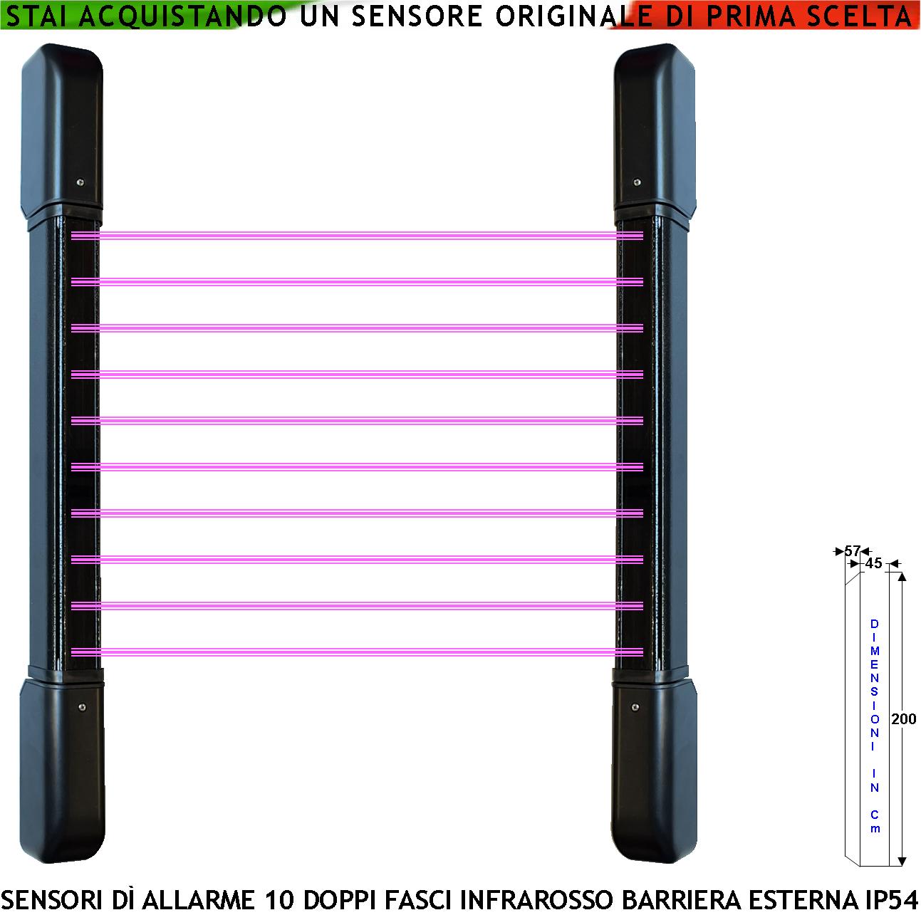 foto del prodotto barriera antifurto 10 multifasci infrarossi attivi portata 100 mt interno 50 mt esterno h 200 cm allarme estraneo raggi impostati interratti relè libero tamper led e cicalino escludibili aliment. 12 v