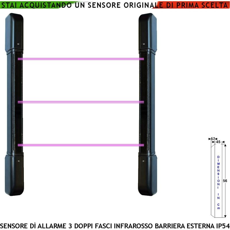 foto del prodotto barriera antifurto 3 multifasci infrarossi attivi portata 100 mt interno 50 mt esterno h 56 cm allarme estraneo raggi impostati interratti relè