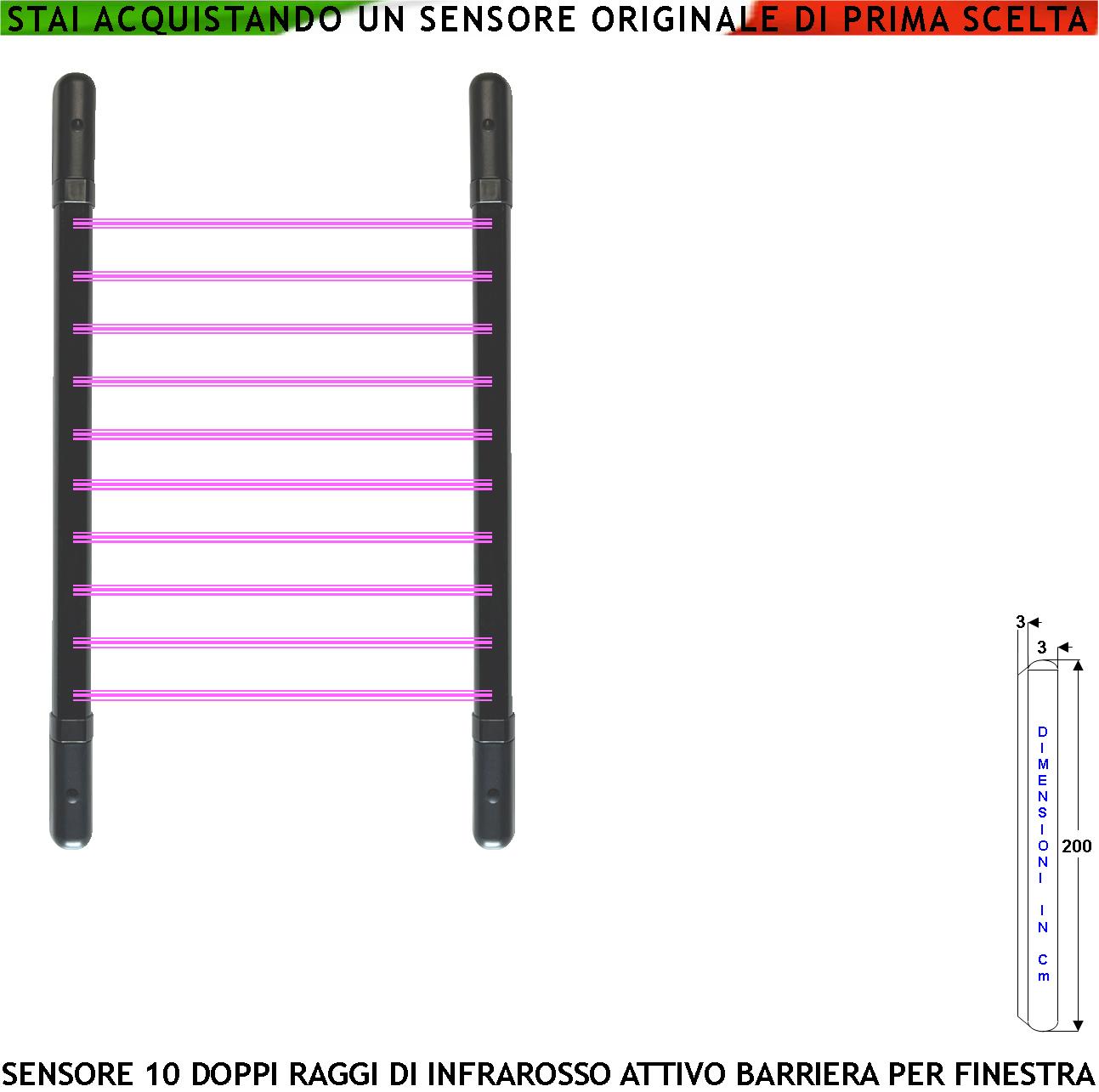 foto del prodotto barriera infrarossi attivi 10 multifasci segnala allarme rispetto alla programmazione dei fasci interrotti dal'intruso relè libero tamper esclusione led e cicalino aliment 12 v misure h2000xl30xp30mm